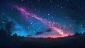 the sky is full of purple and blue fireworks, photo