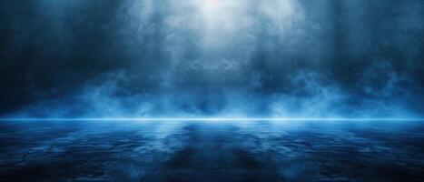 a blue, fog filled room with lights coming out, photo
