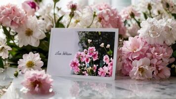 greeting card placed on floor next to many white colored flowers, photo