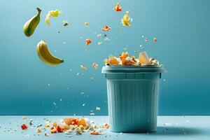a garbage can has fruits, food and trash coming out of it, photo