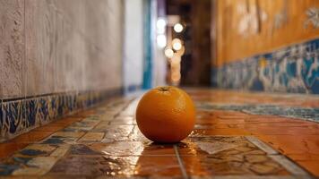 an orange sitting on the floor in front of a wall, photo
