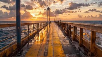 a view of the pier during sunset next to the ocean, photo