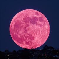 the bright pink full moon is on top of some houses, photo