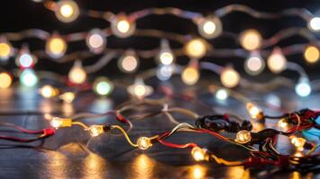 many lights are lined up on a wooden surface, photo