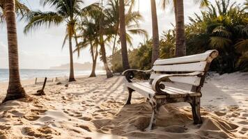 an empty bench under the palm tree on a beach, photo