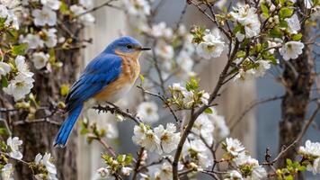 a blue bird sits in a plum blossom tree, photo