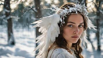 an attractive woman is dressed like snowy fairy in the woods, photo