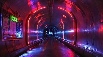 a walkway with brightly colored lights near an entrance, photo