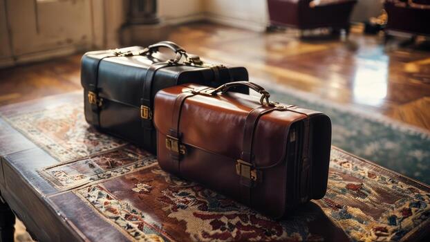 three suitcases are sitting on top of a patterned carpet, photo