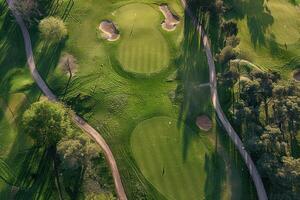 an aerial shot shows a golf course surrounded by wooded area, with several holes, photo