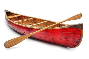 an old wooden canoe with paddles on a white background, photo