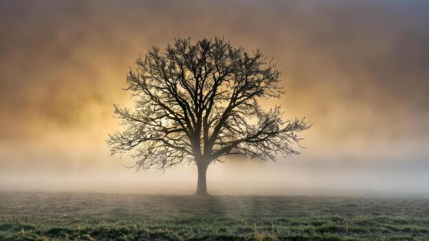a lone tree in the middle of fog, at sunset, photo