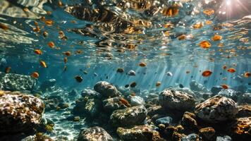 the underwater view shows coral reef surrounded by fish, photo