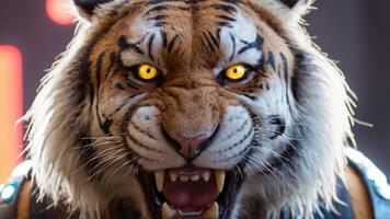 a tiger wearing a leather vest with his mouth open, photo