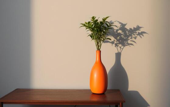 an orange vase with some plants in it, photo