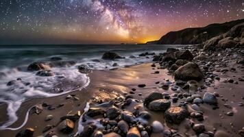 a beautiful night sky over the ocean and rocks, photo