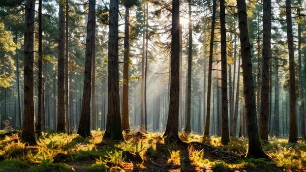 light streams through tall, thin pine trees, photo