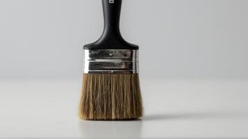 a paint brush with a wooden handle sits on the surface, photo