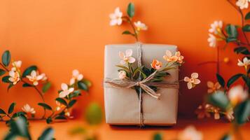 a piece of paper wrapped with string, tied with a twine and flowers, photo