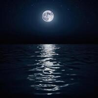 the full moon is behind the water with dark skies, photo