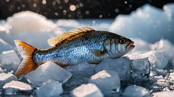a fish that is laying on some ice, photo