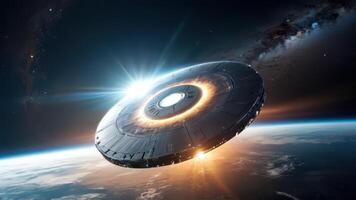a futuristic spaceship in space, with earth and stars, photo