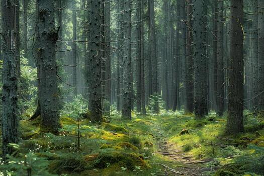 an empty path leads through the woods through some tall trees, photo