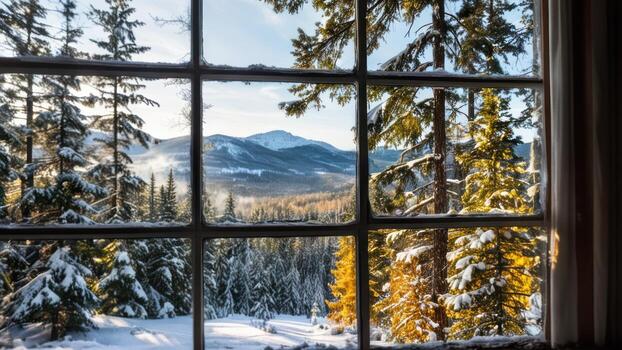 snowy landscape viewed through a house window, photo