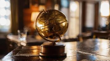an antique golden globe is on display at the table, photo