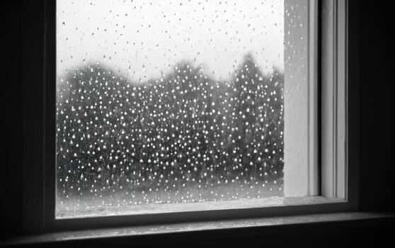 the view out of an open window over to a tree line, photo
