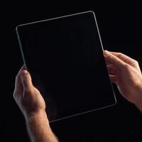 guy holding up ipad 5g tablet with a black screen, photo