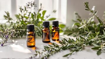 two bottles of essential oils with leafy leaves on table, photo