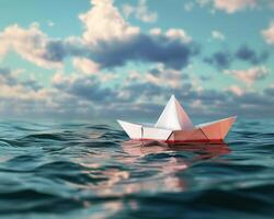 a paper boat floating on top of the water surface, photo