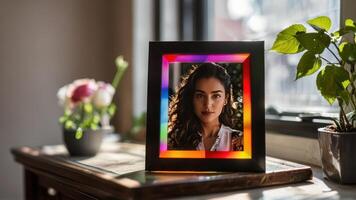 a woman with long curly hair in a colorful picture frame, photo