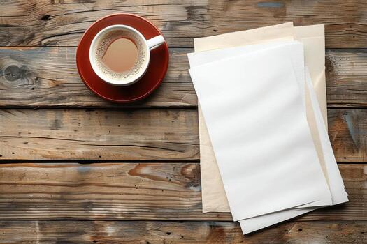 an empty piece of paper sits next to a coffee cup and napkin on top of an old wooden surface, photo