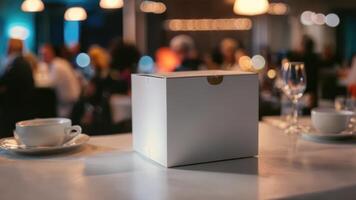 two white cups and saucers on top of a bar, photo