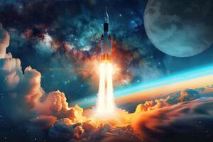 a spaceship launching in the sky with bright blue clouds, photo