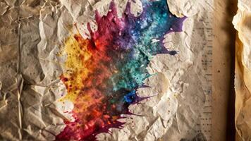 an old paper with rainbow paint splatters, photo