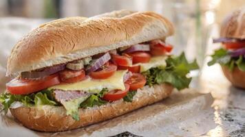 an open sandwich that might be sliced into two halves which are stuffed with ham, cheese and vegetables, photo