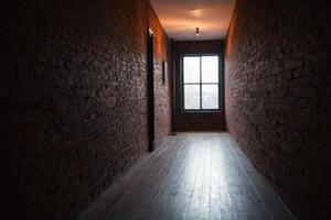 bright sunlight casting shadows onto brick walls and wood floors, photo