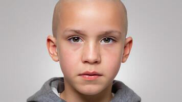small child with shaved head and brown sweater, photo