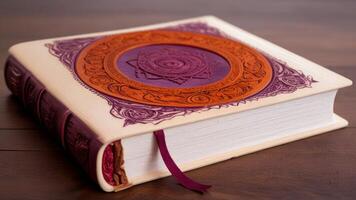 an opened book with pink paper and orange paper, photo
