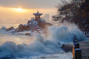 a temple on top of an island surrounded by snow, photo