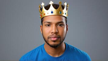 a person posing in a crown shaped t - shirt, photo