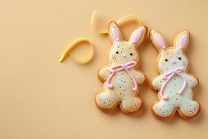two iced bunny cookies and one cut from gingerbread with a ribbon on top, photo