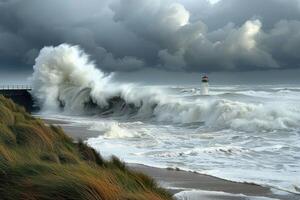 a lighthouse surrounded by huge waves on the coast, photo
