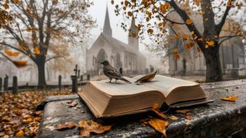 a book sitting in front of a church, photo