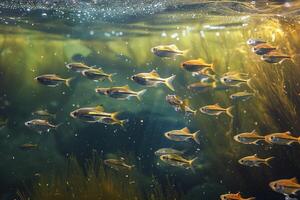 the water around with many fish in it, photo