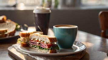a plate containing sandwiches and a drink sitting on a table, photo