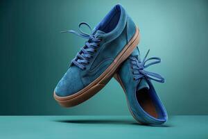 a pair of shoes, one blue with a brown sole and the other light blue, photo